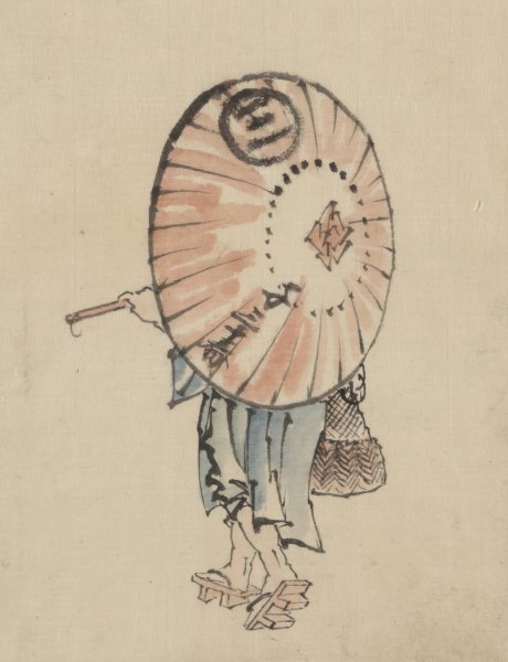 A person walking to the left, mostly obscured by an open parasol carried over the shoulder  by Katsushika Hokusai - Hand-Painted Oil Painting Reproduction