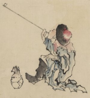 A traveler, seated, wearing a robe, boots, and rounded-top conical hat, smoking a long pipe by Katsushika Hokusai Oil Painting