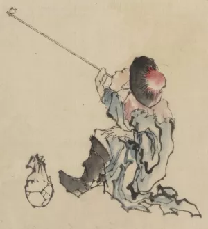 A traveler, seated, wearing a robe, boots, and rounded-top conical hat, smoking a long pipe Oil painting by Katsushika Hokusai