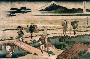 A View of Mount Fuji and Travellers by a Bridge by Katsushika Hokusai Oil Painting
