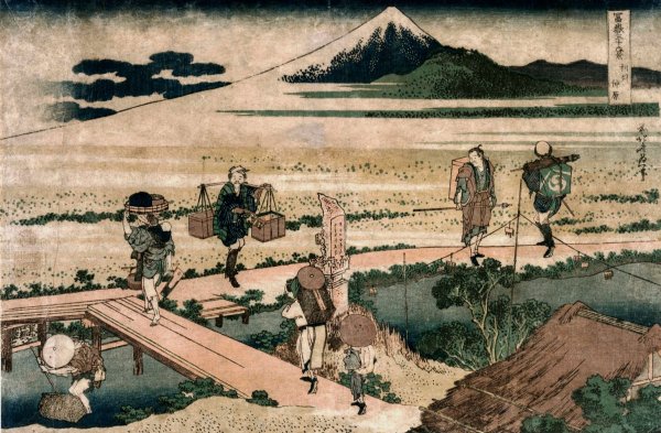 A View of Mount Fuji and Travellers by a Bridge  by Katsushika Hokusai - Hand-Painted Oil Painting Reproduction