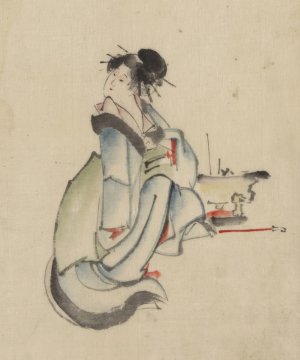 A woman, possibly a courtesan, seated, facing right, with her head turned to look back over her right shoulder, wearing several hairpins by Katsushika Hokusai Oil Painting