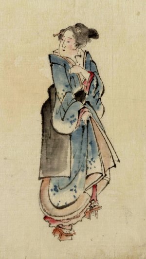 A woman walking to the right, full-length portrait, facing left, wearing kimono and geta by Katsushika Hokusai Oil Painting
