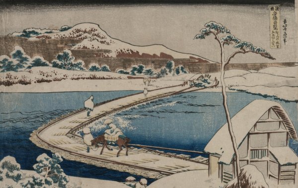 An Ancient Picture of the Boat Bridge at Sano in Kozuke Province from the series Curious Views of Famous Bridges in the Provinces  by Katsushika Hokusai - Hand-Painted Oil Painting Reproduction