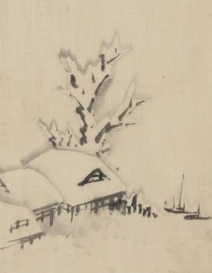 Buildings and large tree on the waterfront, with two boats anchored offshore by Katsushika Hokusai Oil Painting