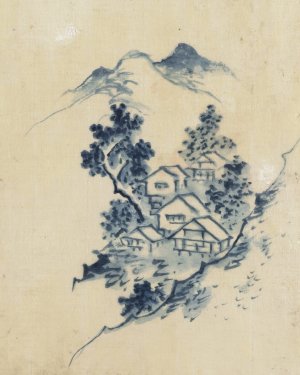 Buildings nestled among trees in a mountain valley by Katsushika Hokusai Oil Painting