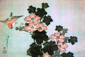 Hibiscus and Sparrow Oil painting by Katsushika Hokusai