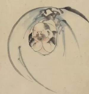 Hotei, the God of good fortune, one of the seven lucky gods, facing front with his head resting on his hands by Katsushika Hokusai Oil Painting