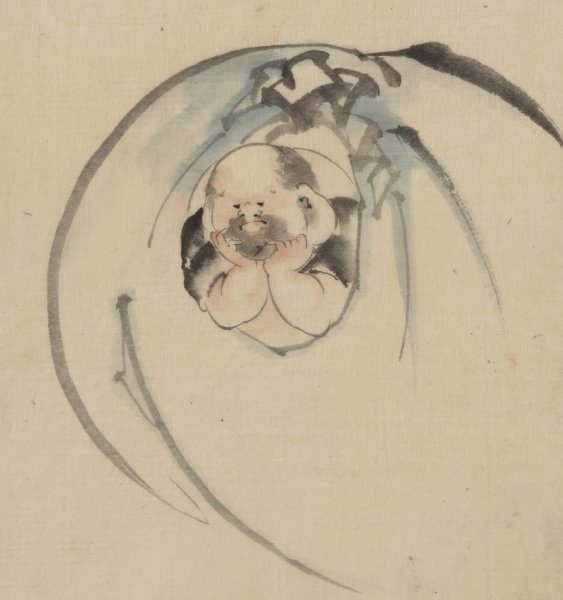 Hotei, the God of good fortune, one of the seven lucky gods, facing front with his head resting on his hands  by Katsushika Hokusai - Hand-Painted Oil Painting Reproduction