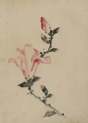Large pink blossom on a stem with three additional buds by Katsushika Hokusai Oil Painting