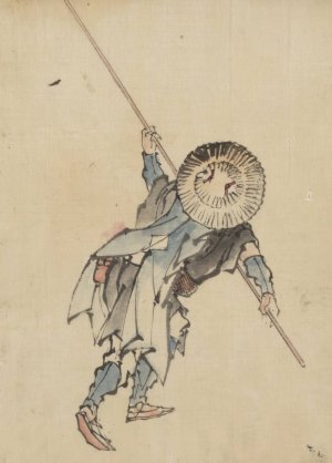 Rear view of a man, full-length, standing, wearing several layers of clothing and a rounded-top conical hat by Katsushika Hokusai Oil Painting