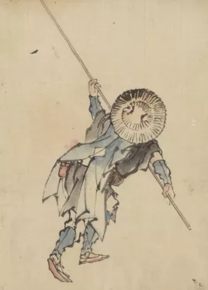 Rear view of a man, full-length, standing, wearing several layers of clothing and a rounded-top conical hat by Katsushika Hokusai Oil Painting