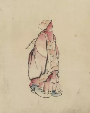 Side view of a monk, full-length portrait, facing left, wearing gown with hood by Katsushika Hokusai Oil Painting