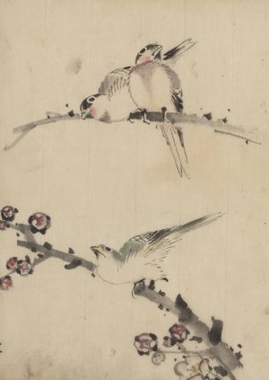 Three birds perched on branches, one with blossoms by Katsushika Hokusai Oil Painting