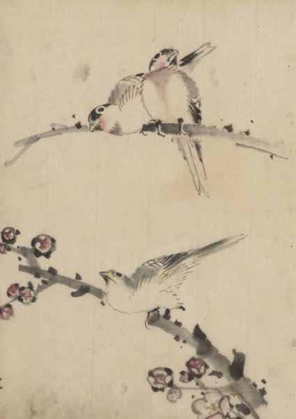 Three birds perched on branches, one with blossoms  by Katsushika Hokusai - Hand-Painted Oil Painting Reproduction