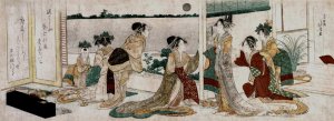 Tsukasa and Other Courtesans of the Ogiya Watching the Autumn Moon Rise Over Rice Fields from a Balcony in the Yoshiwara by Katsushika Hokusai Oil Painting
