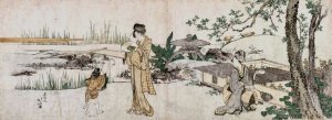 Two Women and a Child Beside a Goldfish Tank by Katsushika Hokusai Oil Painting