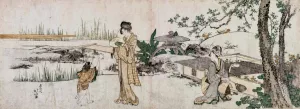 Two Women and a Child Beside a Goldfish Tank by Katsushika Hokusai Oil Painting