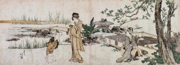 Two Women and a Child Beside a Goldfish Tank  by Katsushika Hokusai - Hand-Painted Oil Painting Reproduction
