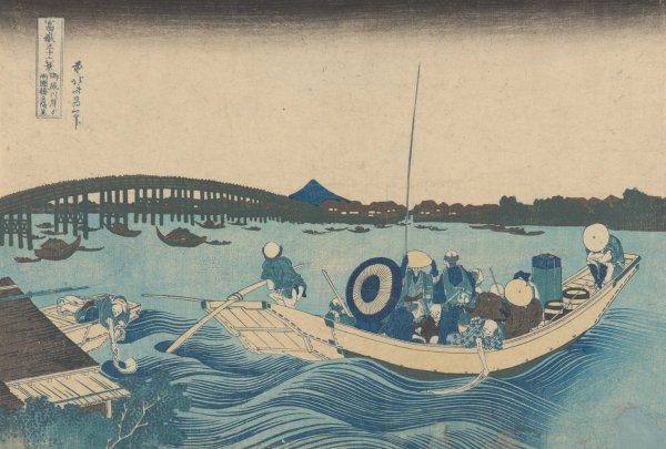 Main Product Photo of Viewing Sunset over Ryogoku Bridge from the Ommaya Embankment (Edo)  Painting by Katsushika Hokusai
