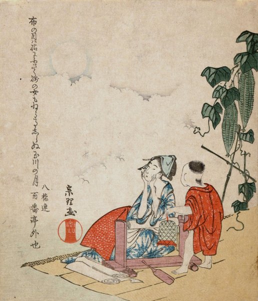 Woman and Boy with Melon Plant  by Katsushika Hokusai - Hand-Painted Oil Painting Reproduction