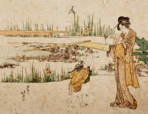 Woman and Child in a Garden; fragment of Goldfish Vendor by Katsushika Hokusai Oil Painting