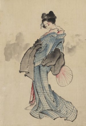 Woman, full-length portrait, standing, facing left, holding fan in right hand, wearing kimono with check design Oil painting by Katsushika Hokusai