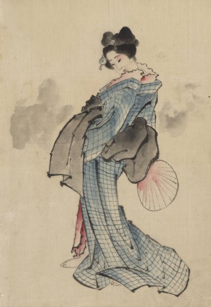 Main Product Photo of Woman, full-length portrait, standing, facing left, holding fan in right hand, wearing kimono with check design  Painting by Katsushika Hokusai