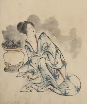 Woman, possibly a courtesan, sitting next to a flowerpot by Katsushika Hokusai Oil Painting