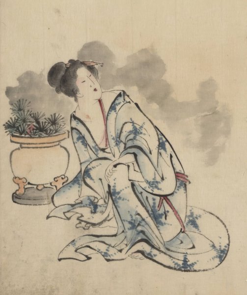Woman, possibly a courtesan, sitting next to a flowerpot  by Katsushika Hokusai - Hand-Painted Oil Painting Reproduction