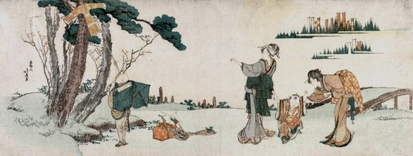 Women Distracting a Child whose Kite is caught in a Tree  by Katsushika Hokusai - Hand-Painted Oil Painting Reproduction
