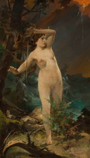 Milda - female nude against the landscape of rough sea by Kazimierz Alchimowicz Oil Painting
