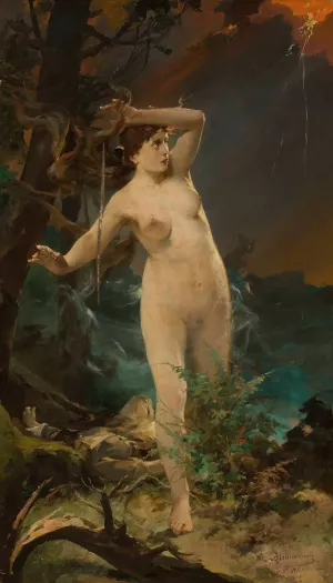Milda - female nude against the landscape of rough sea Oil painting by Kazimierz Alchimowicz
