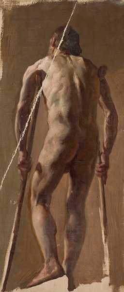 Nude of an old man leaning on crutches, back view by Kazimierz Alchimowicz Oil Painting