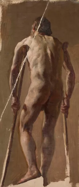 Nude of an old man leaning on crutches, back view by Kazimierz Alchimowicz Oil Painting