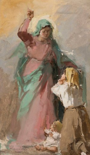 Virgin Mary appearing before a peasant woman, study by Kazimierz Alchimowicz Oil Painting