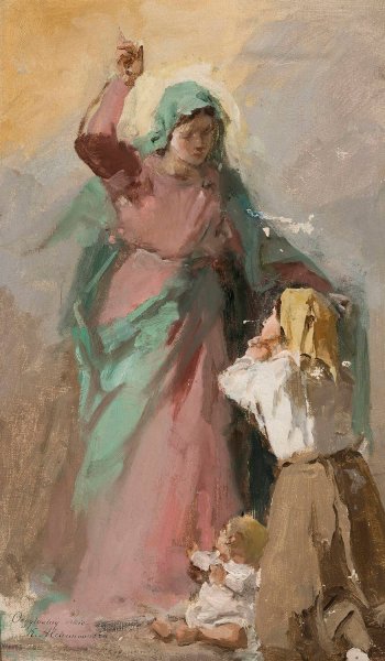 Virgin Mary appearing before a peasant woman, study  by Kazimierz Alchimowicz - Hand-Painted Oil Painting Reproduction