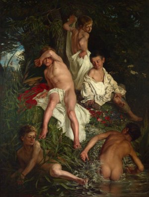 Boys Bathing by Kazimierz Pochwalski Oil Painting