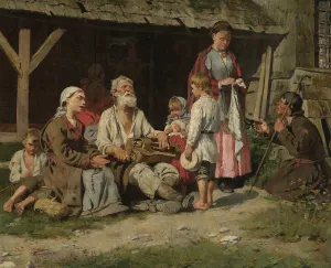 Genre scene - a hurdy-gurdy player in front of a cottage by Kazimierz Pochwalski Oil Painting