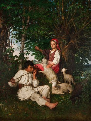 Pair of shepherds in the forest - Idyll by Kazimierz Pochwalski Oil Painting