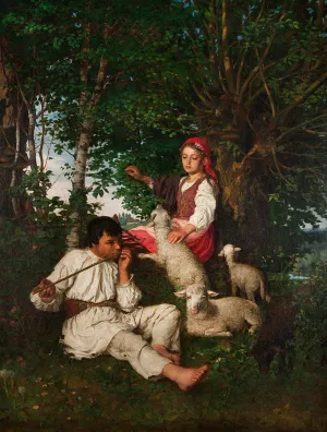 Pair of shepherds in the forest - Idyll by Kazimierz Pochwalski Oil Painting