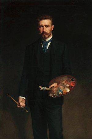 Self-portrait with palette by Kazimierz Pochwalski Oil Painting