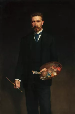Self-portrait with palette by Kazimierz Pochwalski Oil Painting