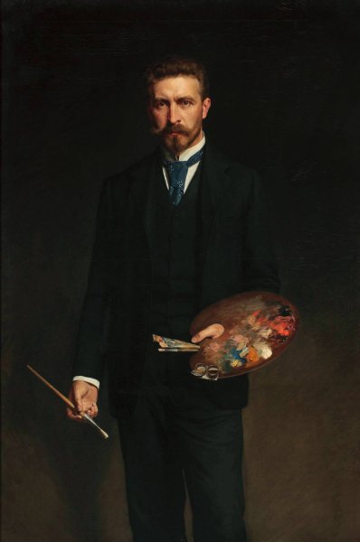 Self-portrait with palette  by Kazimierz Pochwalski - Hand-Painted Oil Painting Reproduction