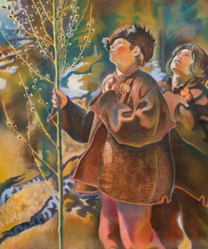 Palm Sunday - triptych. Hutsul boys with catkins by Kazimierz Sichulski Oil Painting