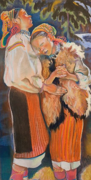 Palm Sunday - triptych. Hutsul girls by Kazimierz Sichulski Oil Painting