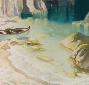 Boat at rocky coast by Kazimierz Stabrowski Oil Painting