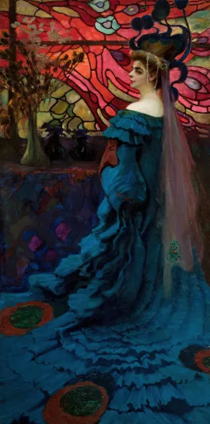 Peacock - portrait of Zofia Borucinska nee Jakimowicz Oil painting by Kazimierz Stabrowski
