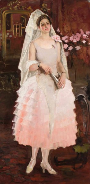 Portrait of a lady in pink dress - Spanish woman by Kazimierz Stabrowski Oil Painting