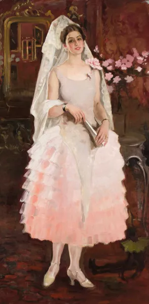 Portrait of a lady in pink dress - Spanish woman by Kazimierz Stabrowski Oil Painting